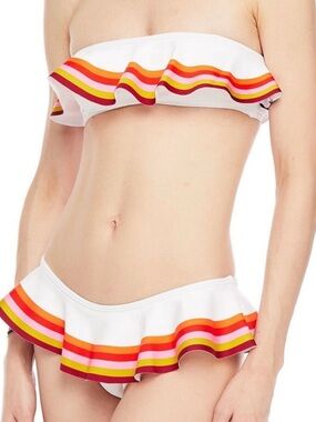 Zimmermann White Bandeau Bikini with Pink Orange Yellow Stripe Ruffles